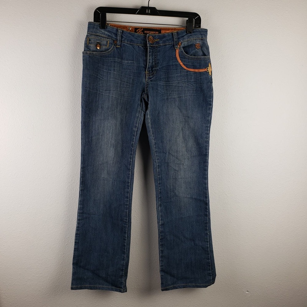Y2K Rocawear Women's 7 Bootcut Jean Medium Wash Stretch Denim Embroidered Pocket